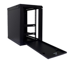 Black 12RU wall mount rack for PA equipment by Global Truss, showing a sturdy metal rack with mounting holes.