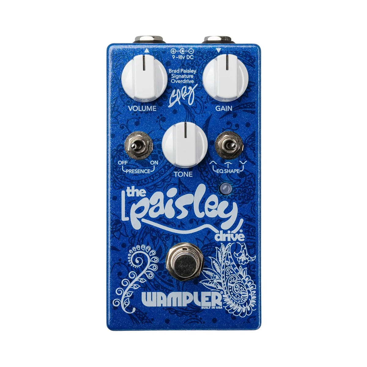 Wampler Paisley Drive Brad Paisley signature overdrive guitar effect pedal with control knobs and footswitch, close-up view.