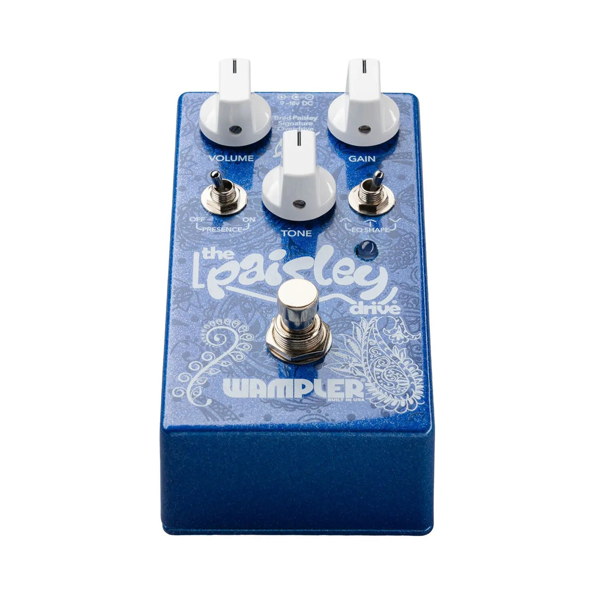 Wampler Paisley Drive Brad Paisley Signature overdrive guitar effects pedal, showing the compact pedal with colorful design and control knobs.