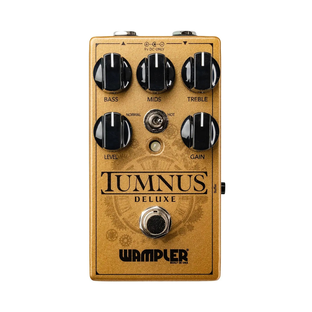 Wampler Tumnus Deluxe overdrive guitar effects pedal with active EQ, featuring a compact design and control knobs visible on the pedal