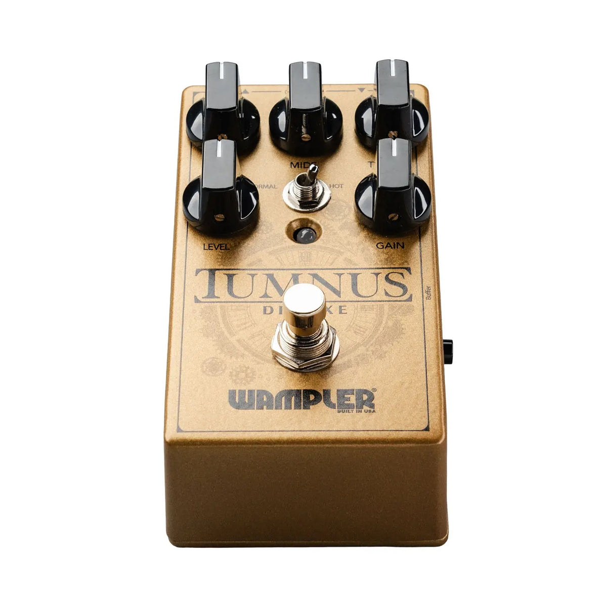 Wampler Tumnus Deluxe overdrive guitar effect pedal with active EQ, featuring a compact design and control knobs on top.