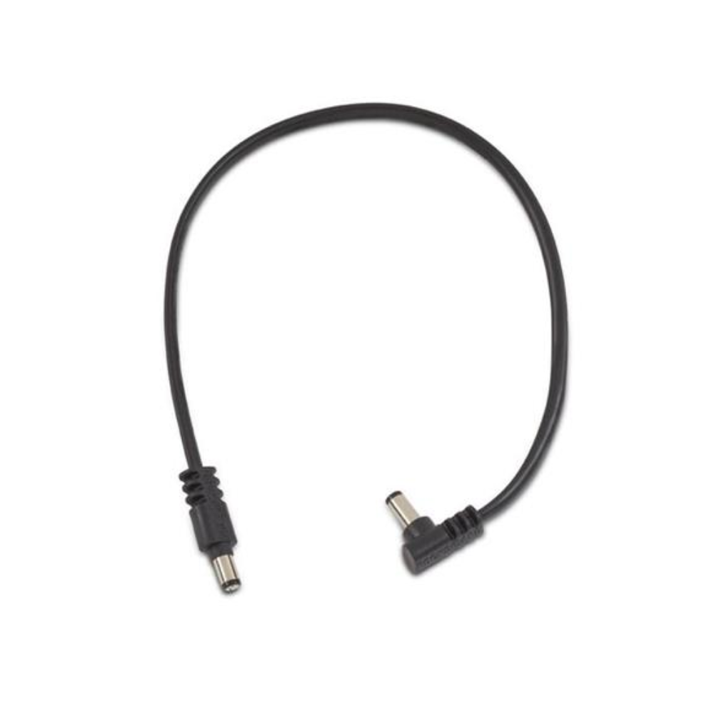 Black Rockboard power supply cable with right-angle to straight connector, 30cm length, for effects pedals and accessories.