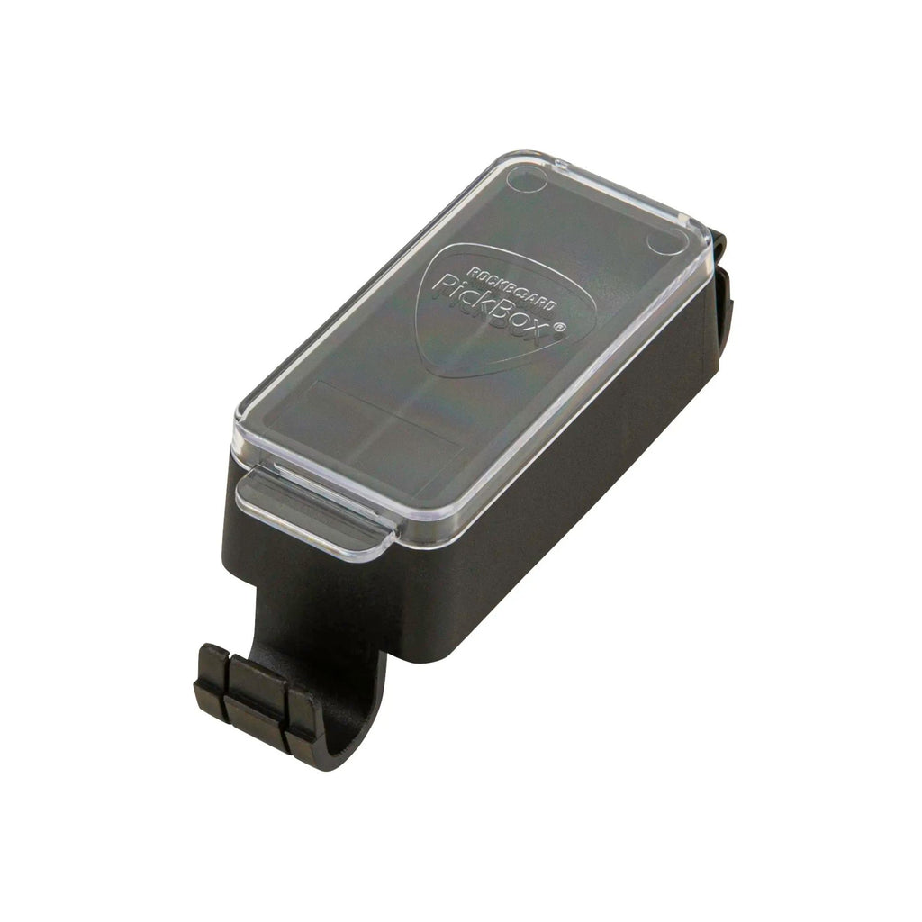 Rockboard Quickmount Pick Box with guitar picks, compact storage case for guitar picks, black plastic with logo branding.