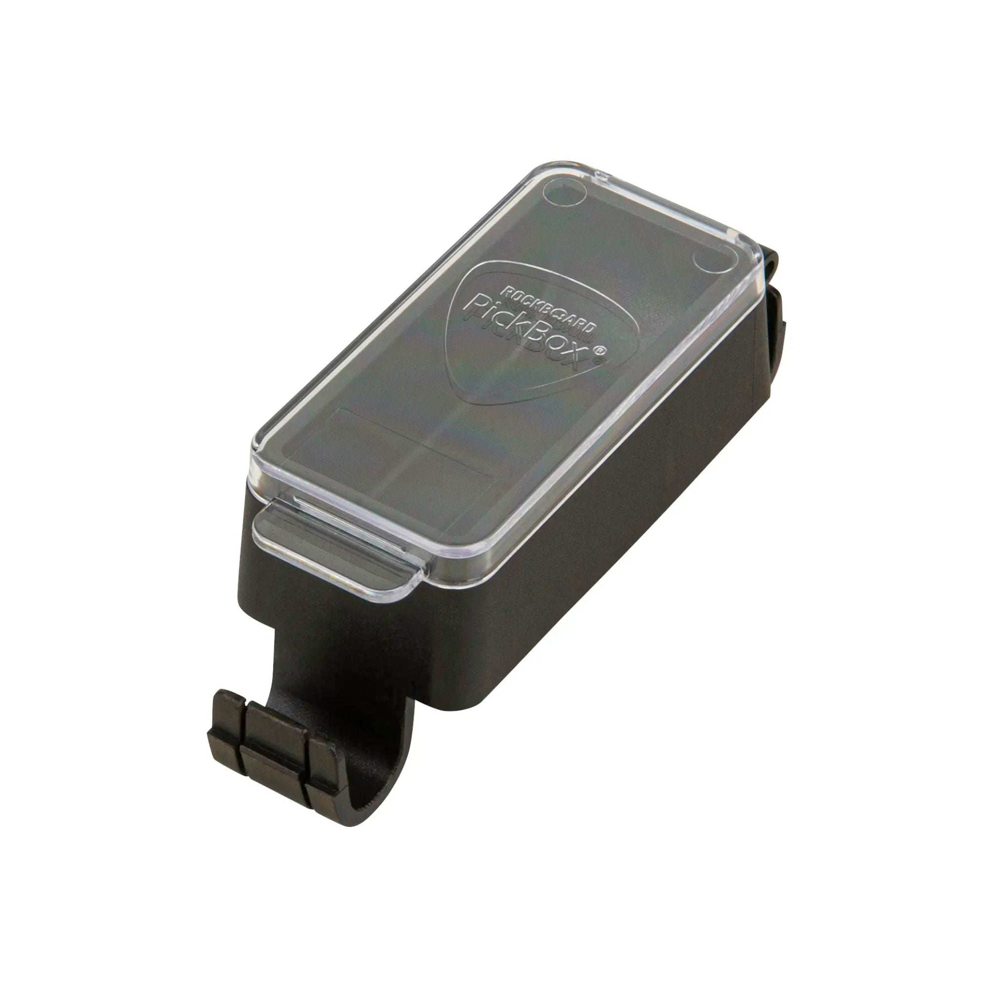 Rockboard Quickmount Pick Box with guitar picks, compact storage case for guitar picks, black plastic with logo branding.