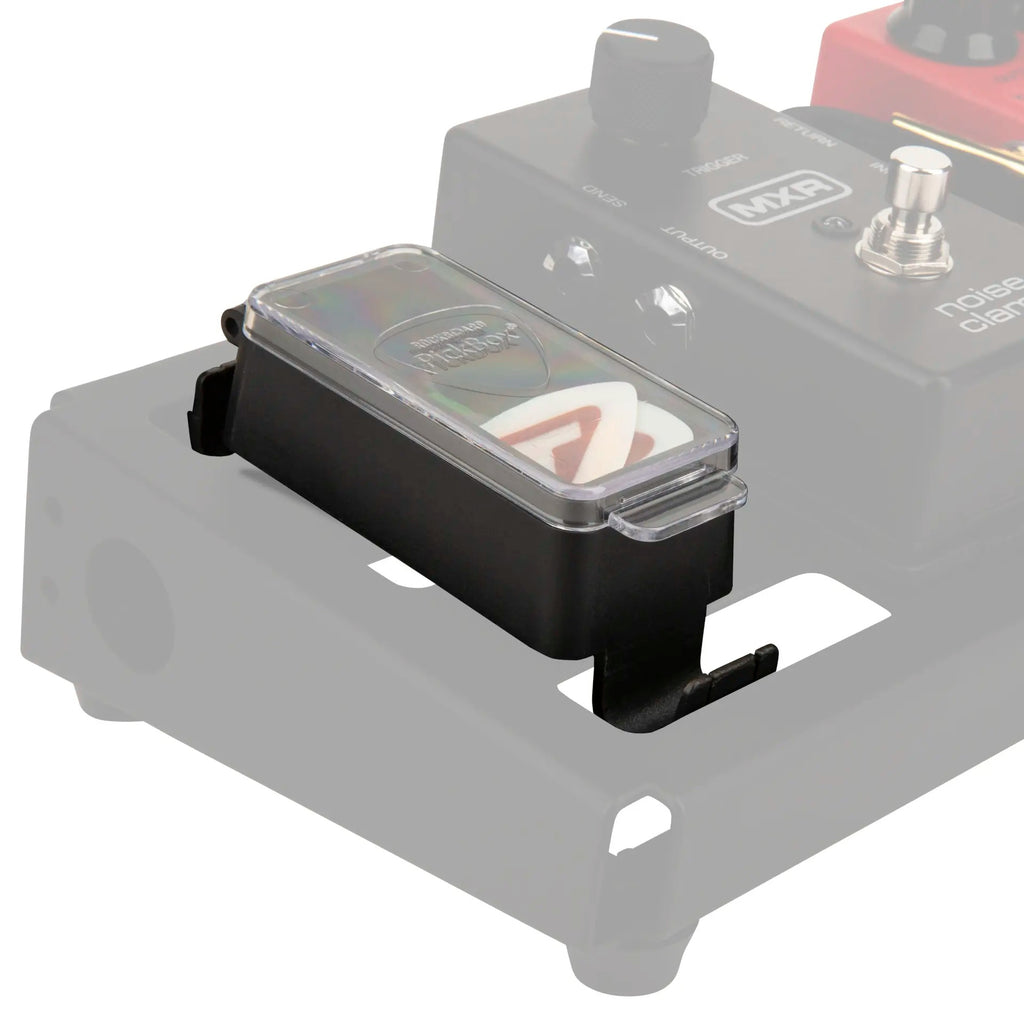 Rockboard Quickmount Pick Box containing assorted guitar picks in a compact display case.