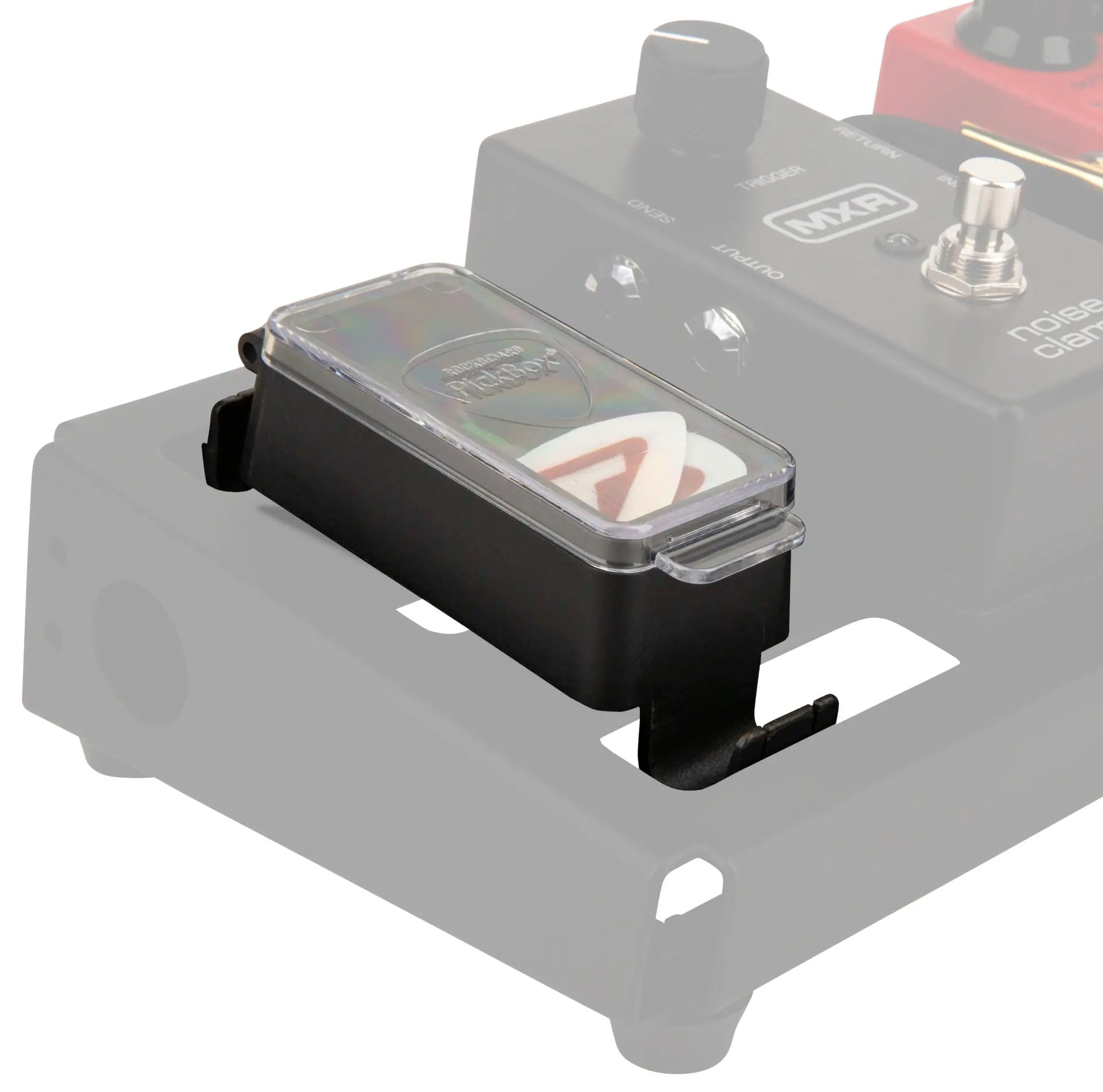 Rockboard Quickmount Pick Box containing assorted guitar picks in a compact display case.