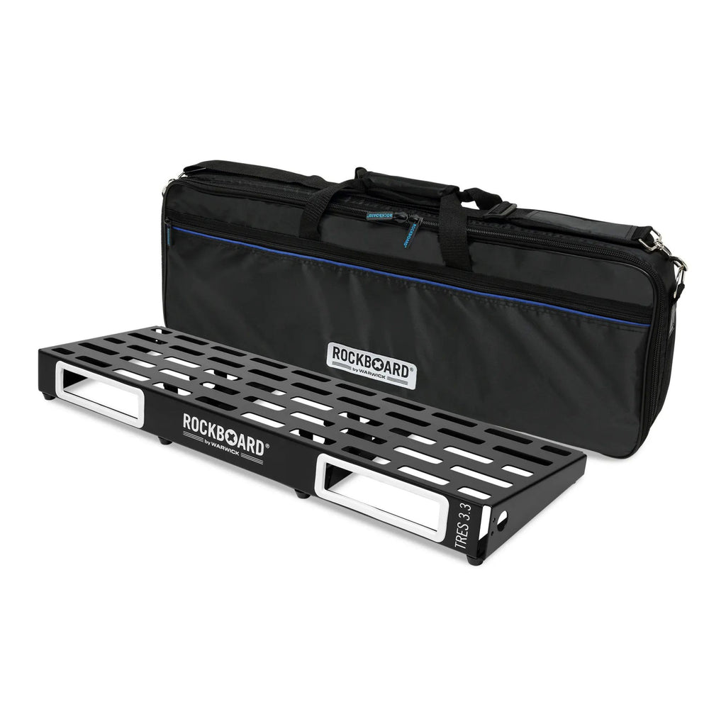 RockBoard TRES 3.3 pedal board with flight case, compact effects pedalboard with sturdy carrying case for guitar effects pedals.