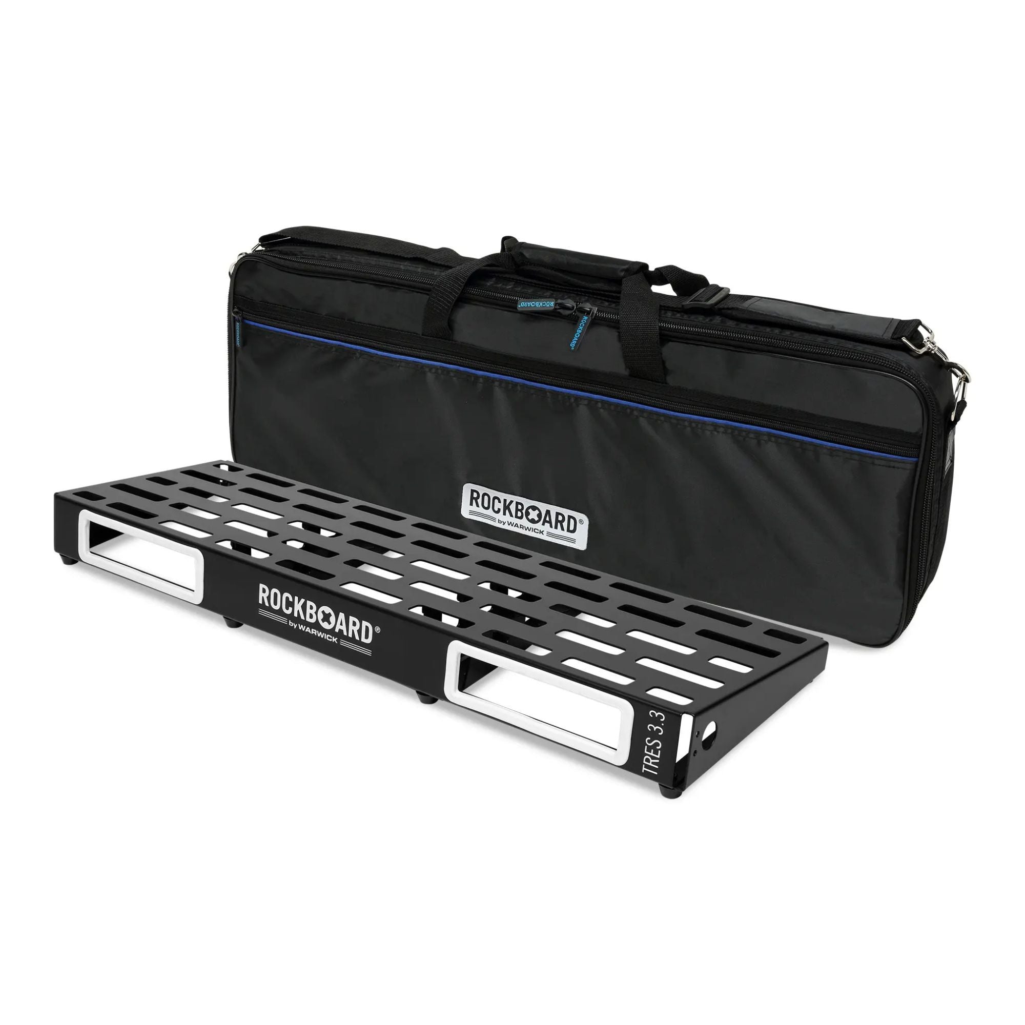 RockBoard TRES 3.3 pedal board with flight case, compact effects pedalboard with sturdy carrying case for guitar effects pedals.