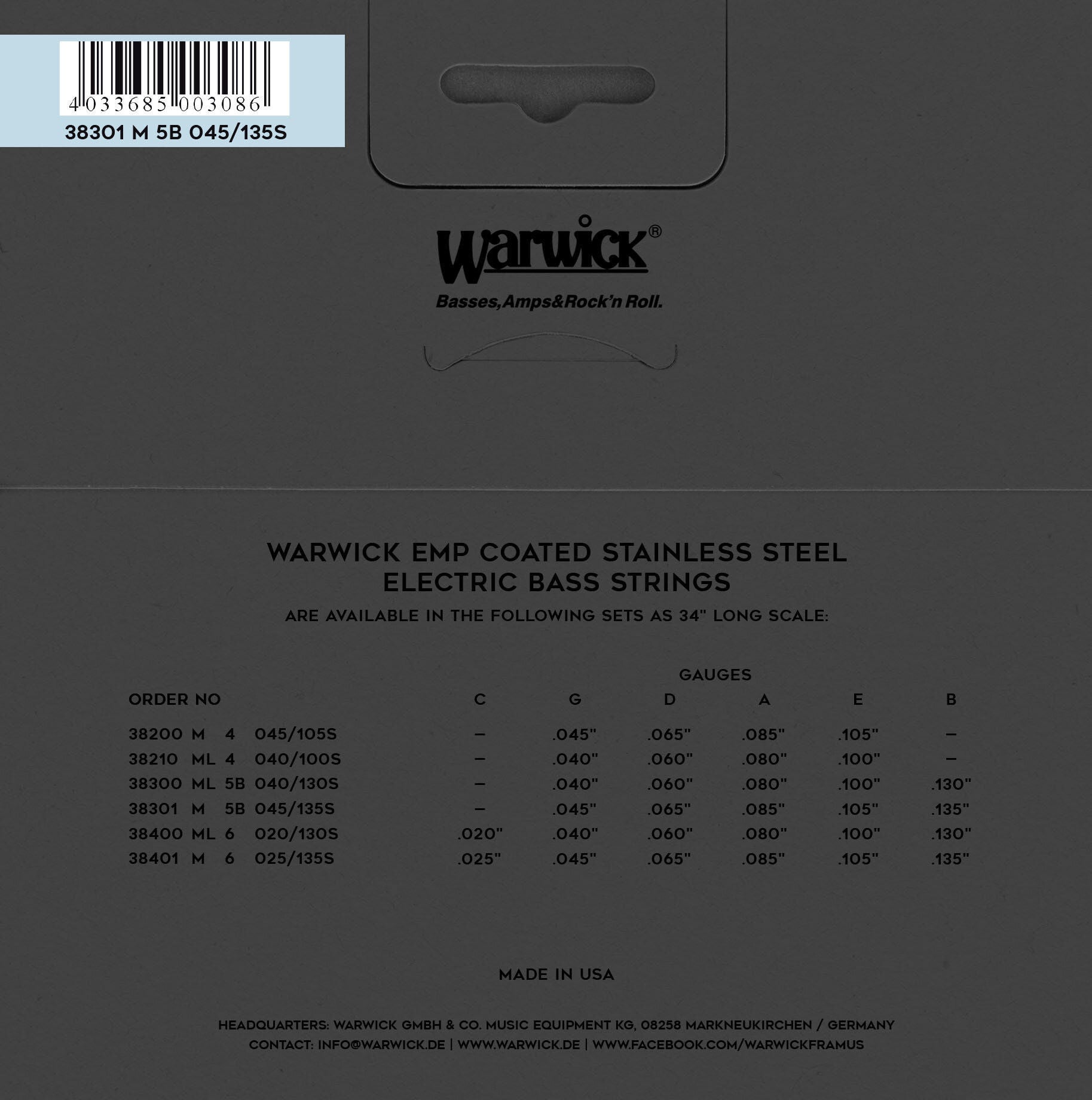 Warwick EMP Coated Bass Guitar String Set Stainless Steel - 5-String - Low B - Medium - 045 - 135