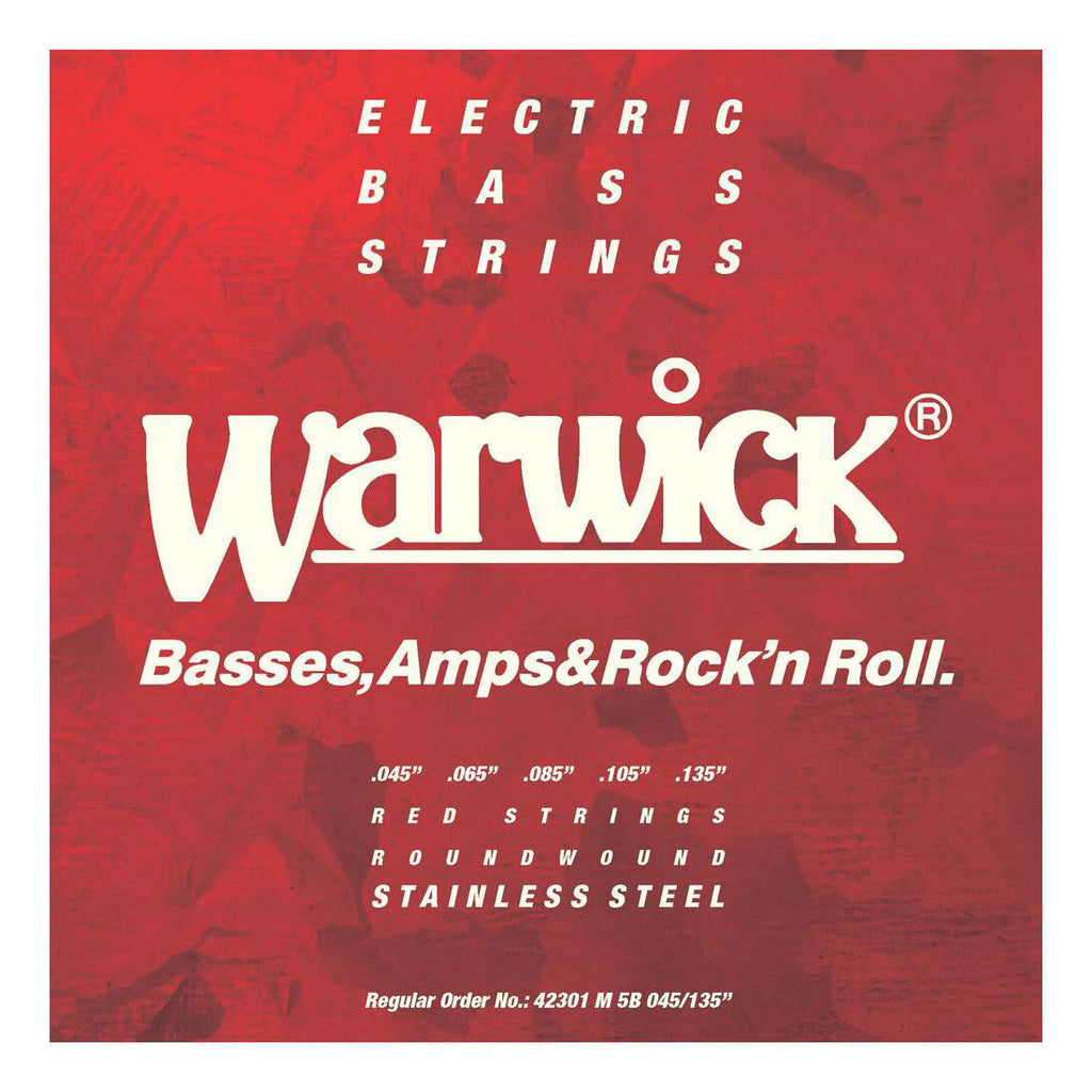 Warwick Red Label 5-string bass guitar strings set in stainless steel with medium gauge 045-135, designed for acoustic bass guitars.