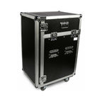 Swamp 16U side rack and 12U mixer top flight road case on wheels, shockproof wood construction, for audio equipment transportation