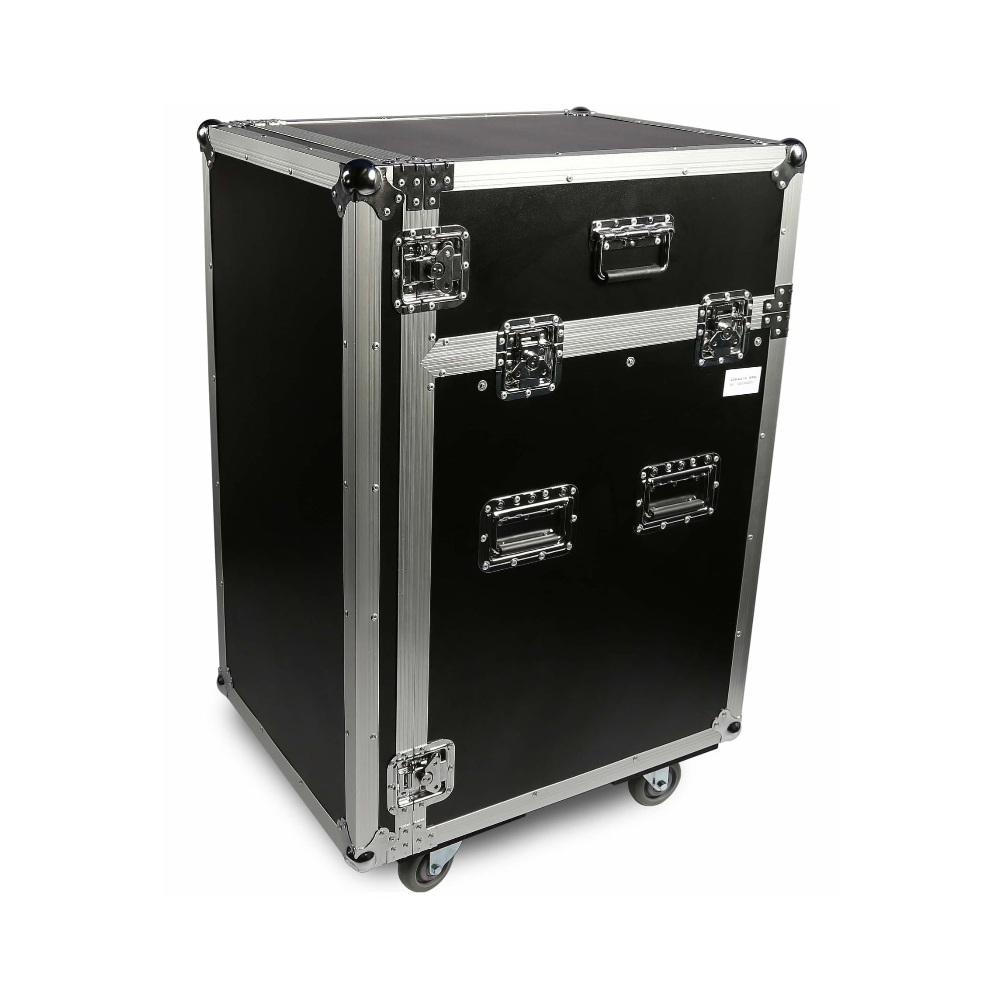Swamp 16U side rack and 12U mixer top flight road case on wheels, shockproof wood construction, for audio equipment transportation