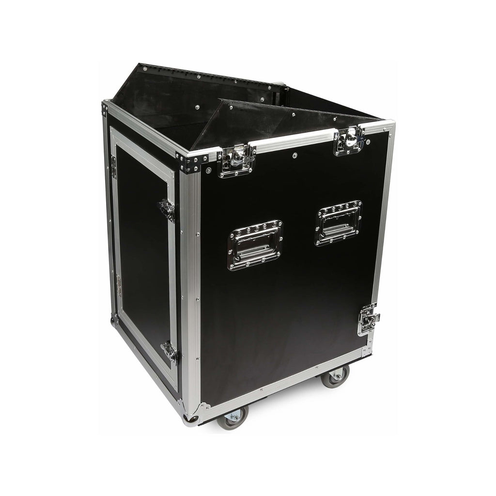 Swamp SWAMP Wood Shockproof 16U side rack case with wheels, 12U mixer top, durable 19-inch flight case for audio equipment.
