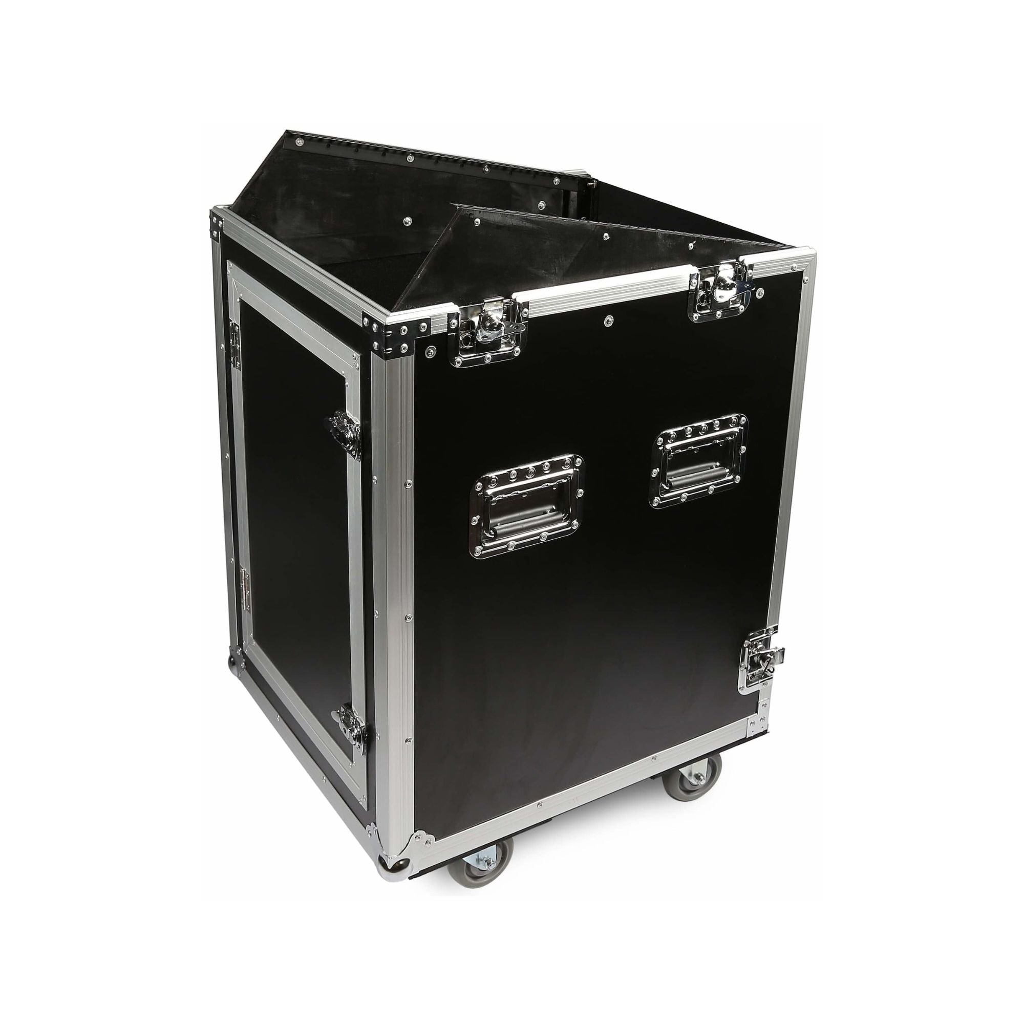 Swamp SWAMP Wood Shockproof 16U side rack case with wheels, 12U mixer top, durable 19-inch flight case for audio equipment.