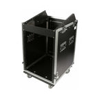 Swamp SWAMP Wood Shockproof 16U side rack and 12U mixer top flight case on wheels with handles, durable audio equipment storage.