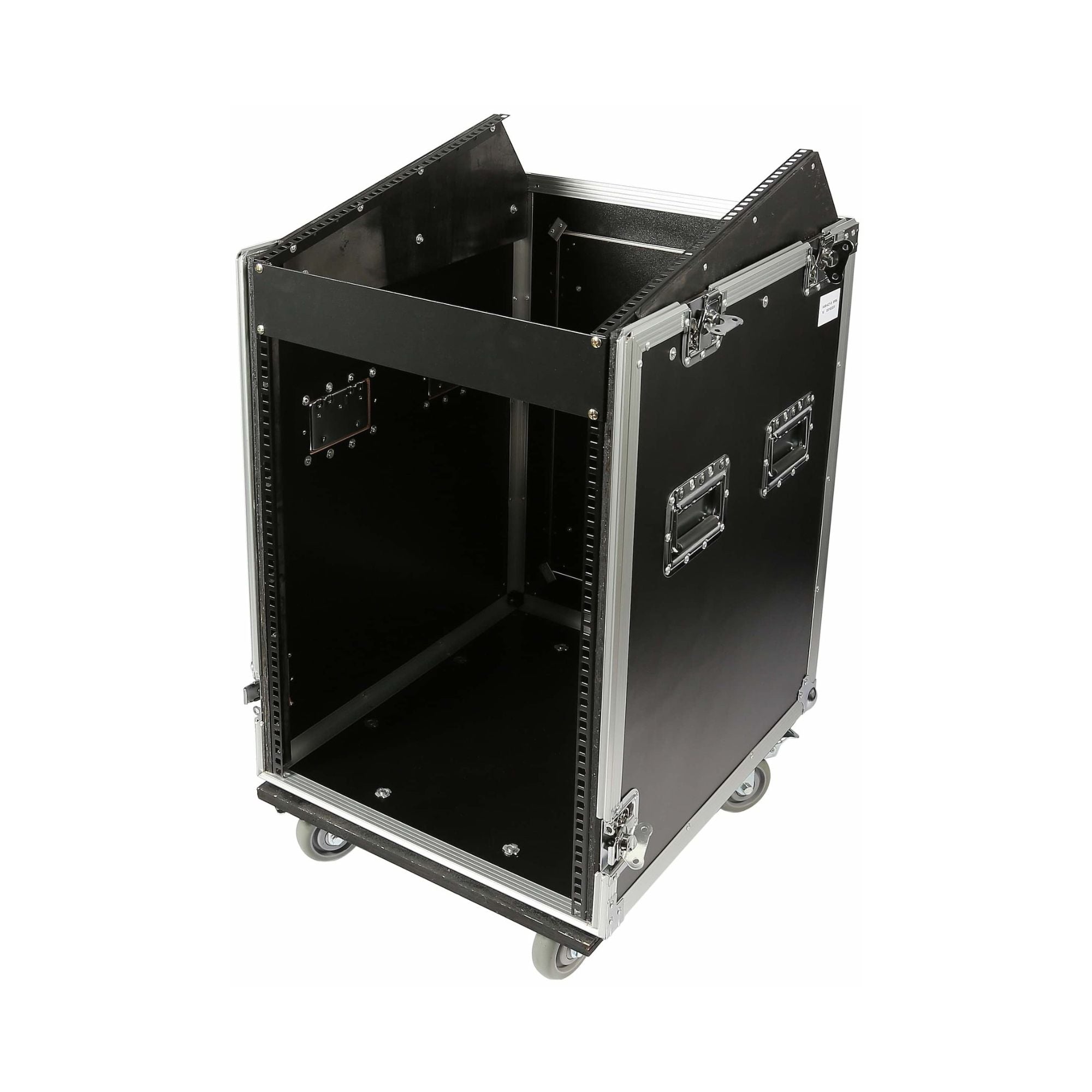 Swamp SWAMP Wood Shockproof 16U side rack and 12U mixer top flight case on wheels with handles, durable audio equipment storage.