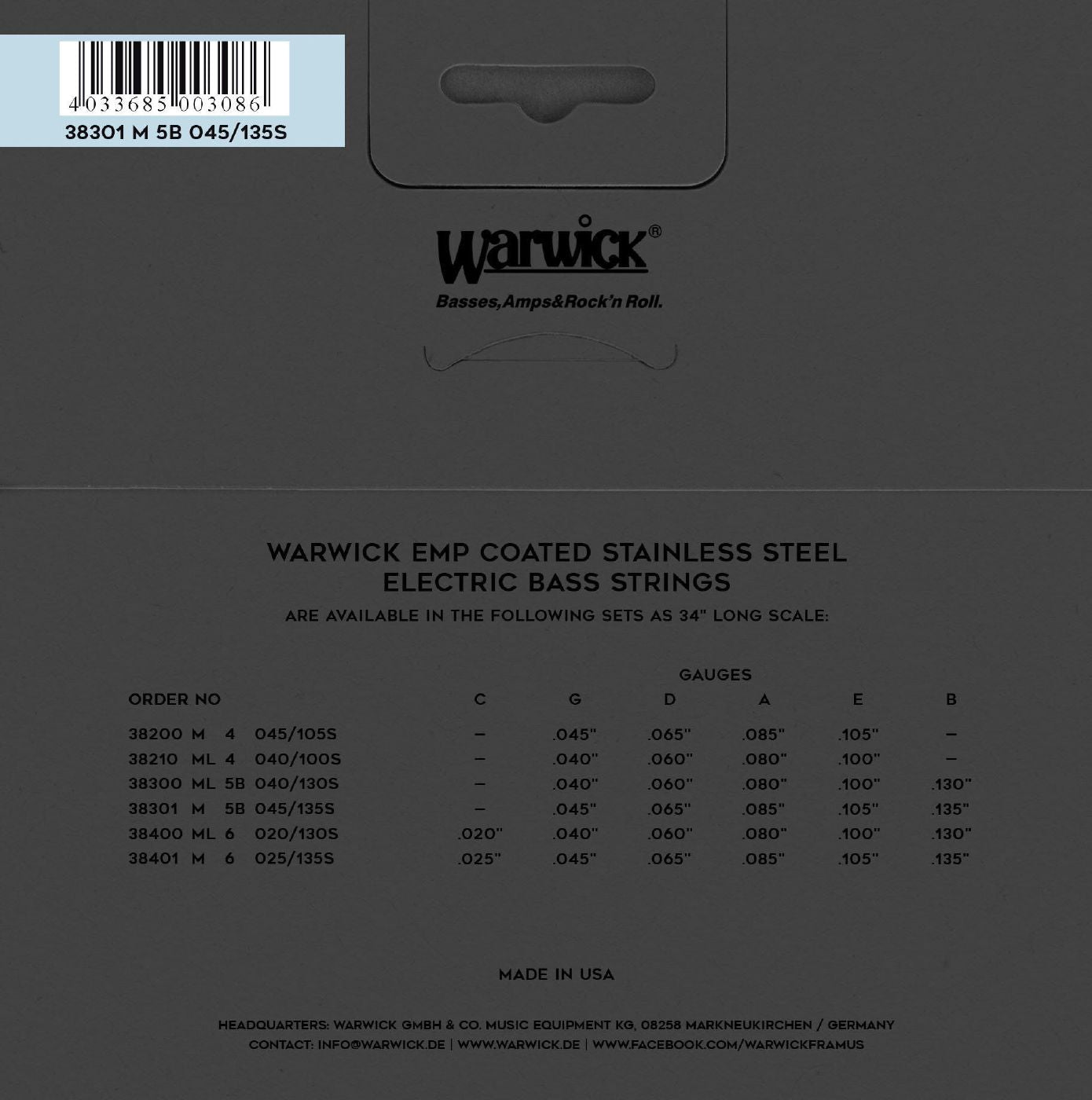 Warwick EMP Coated Bass Guitar String Set Stainless Steel - 5-String - Low B - Medium - 045 - 135