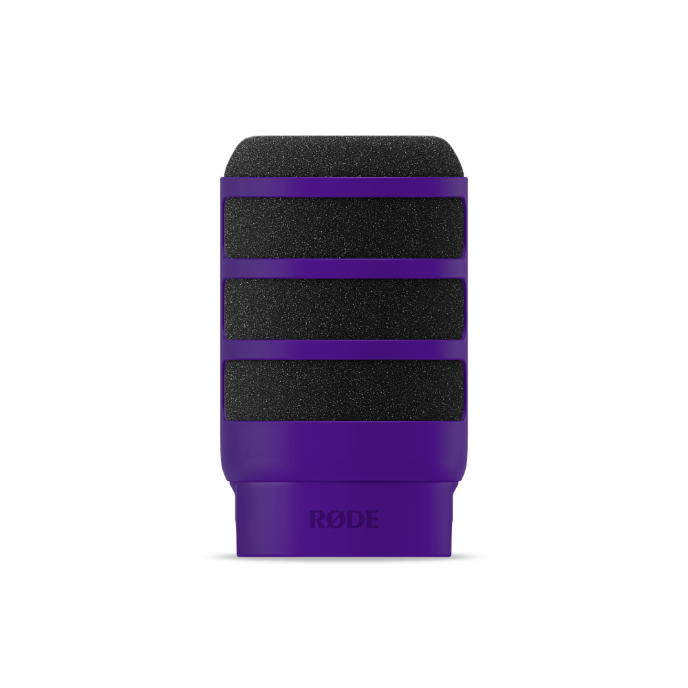 Rode WS14 pop filter in purple designed for PodMic and PodMic USB, showcasing its mesh and frame structure.