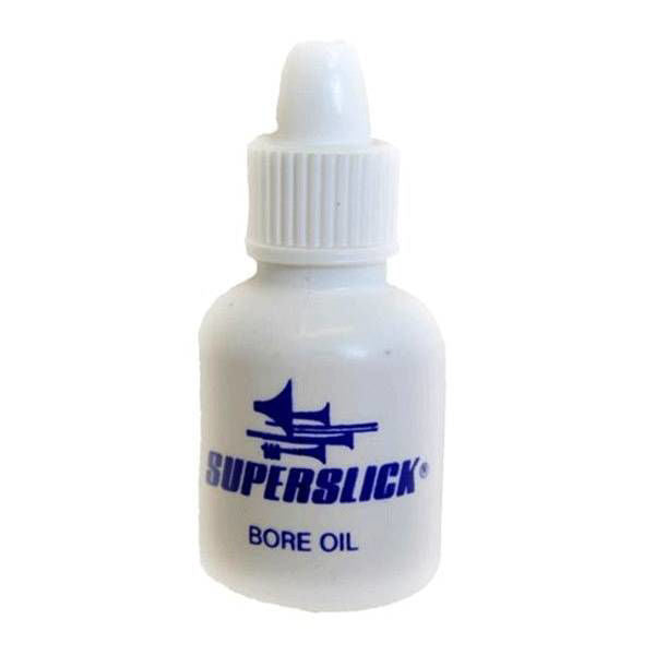 Superslick Wood Instrument Bore Oil for brass and woodwind instruments, showing the bottle and applicator tip.
