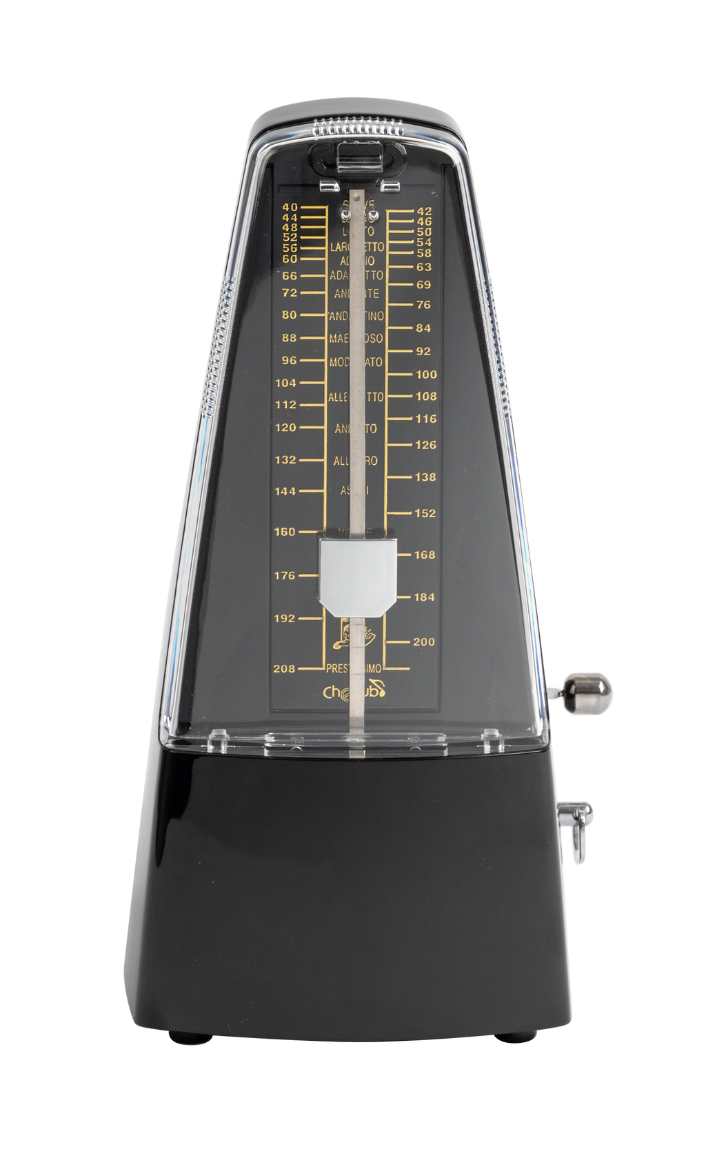 Cherub Pyramid Style Mechanical Metronome with Bell for guitar practice, featuring a classic design and visible pendulum.