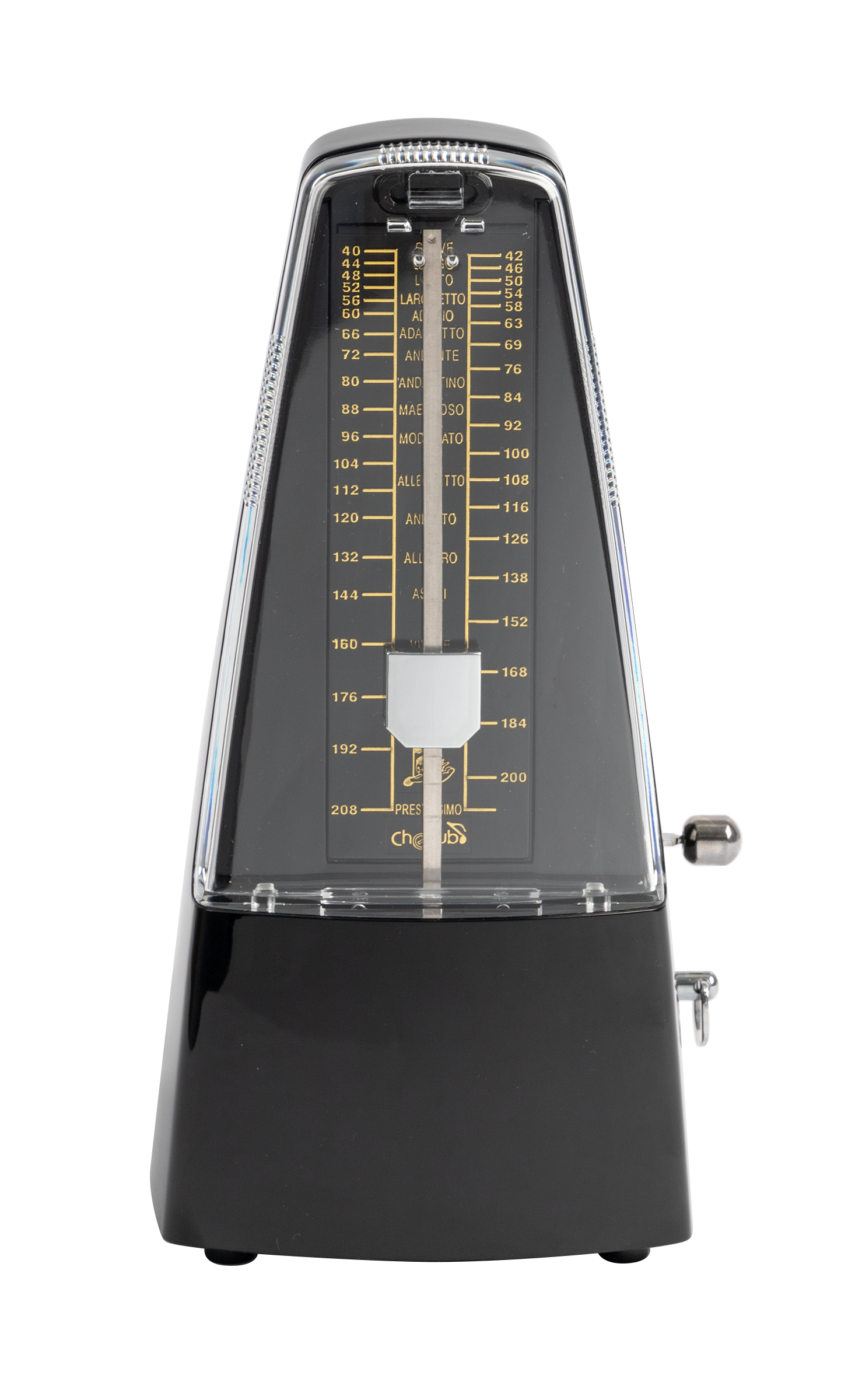 Cherub Pyramid Style Mechanical Metronome with Bell for guitar practice, featuring a classic design and visible pendulum.