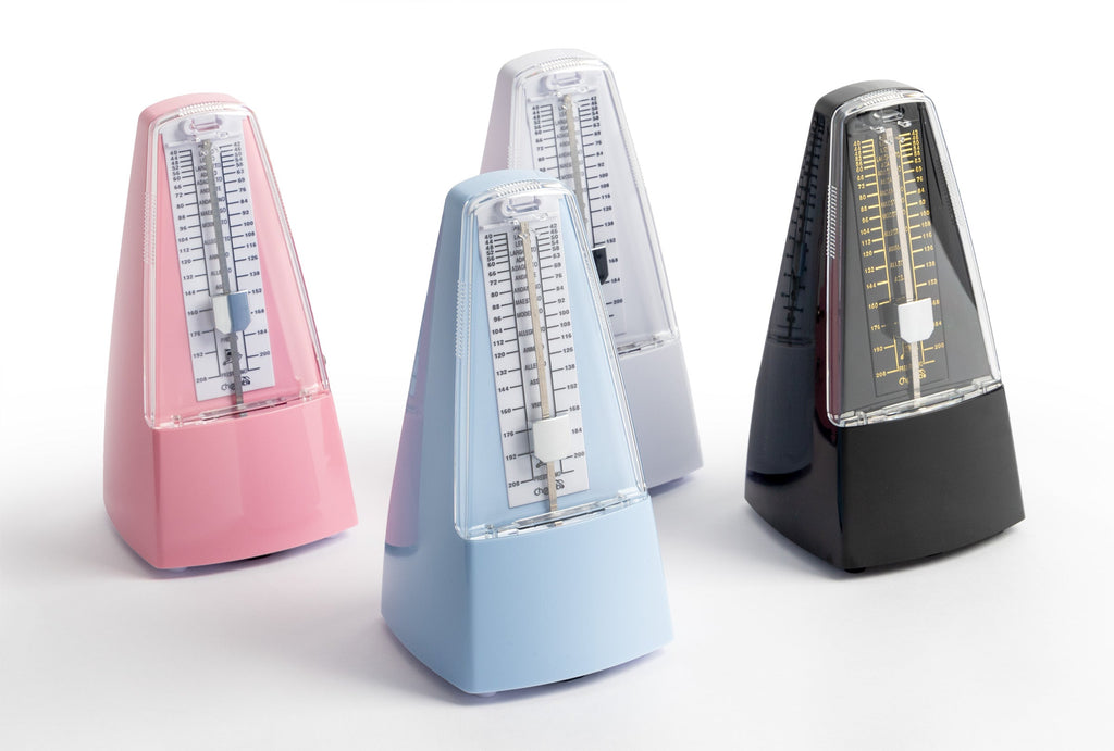 Cherub Pyramid Style Mechanical Metronome with Bell, guitar tuner accessory, featuring a classic design and colorful finish.