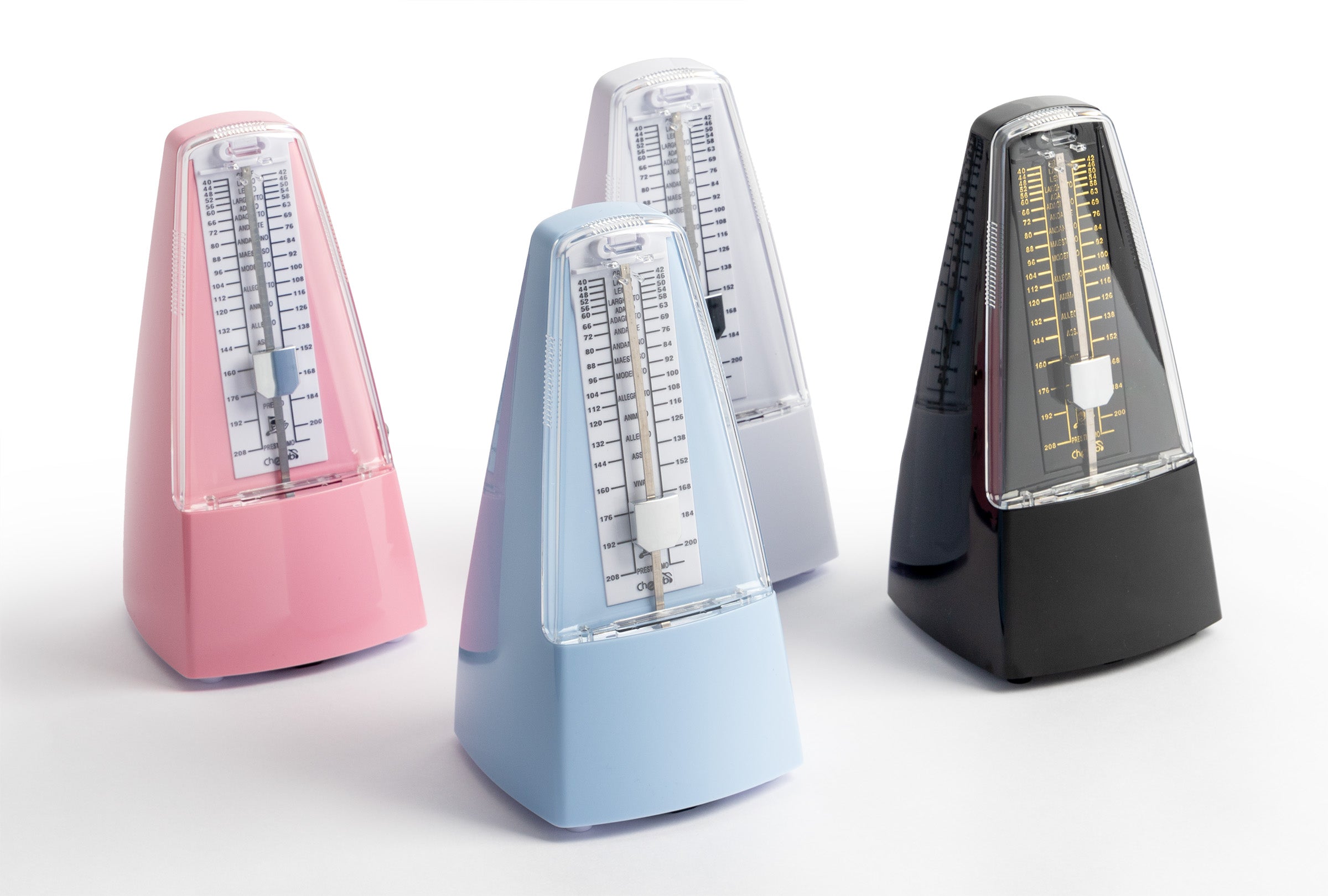 Cherub Pyramid Style Mechanical Metronome with Bell, guitar tuner accessory, featuring a classic design and colorful finish.