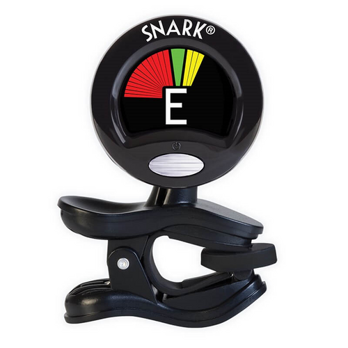 SNARK SN-5X clip-on chromatic tuner attached to a guitar, showing the digital display and tuning needle for guitar, bass, and violin.