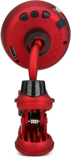 Snark Super Tight rechargeable clip-on guitar tuner in red, showing the back view with control buttons and clip mechanism.
