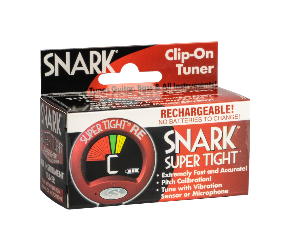 Red Snark Super Tight Rechargable Clip-On Guitar Tuner with box, designed for accurate tuning of acoustic and electric guitars.