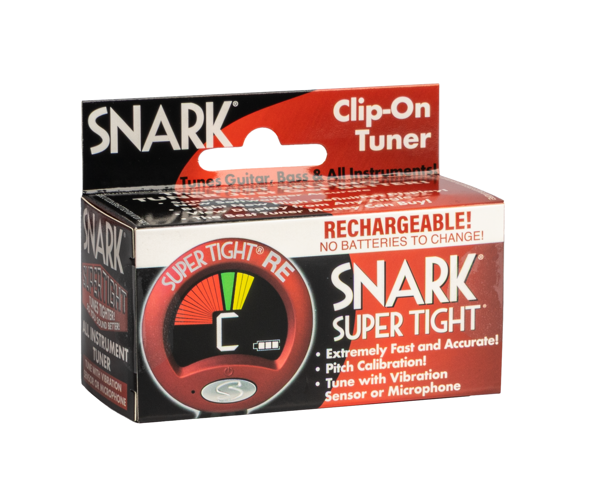 Red Snark Super Tight Rechargable Clip-On Guitar Tuner with box, designed for accurate tuning of acoustic and electric guitars.