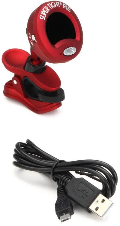 Snark Super Tight rechargeable clip-on guitar tuner in red with a display screen, designed for precise tuning of acoustic and electric guitars.