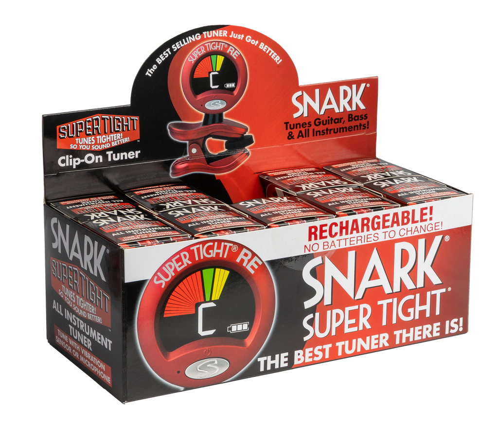 Red Snark Super Tight Rechargable Clip-On Guitar Tuner displayed in its packaging, designed for precise tuning.
