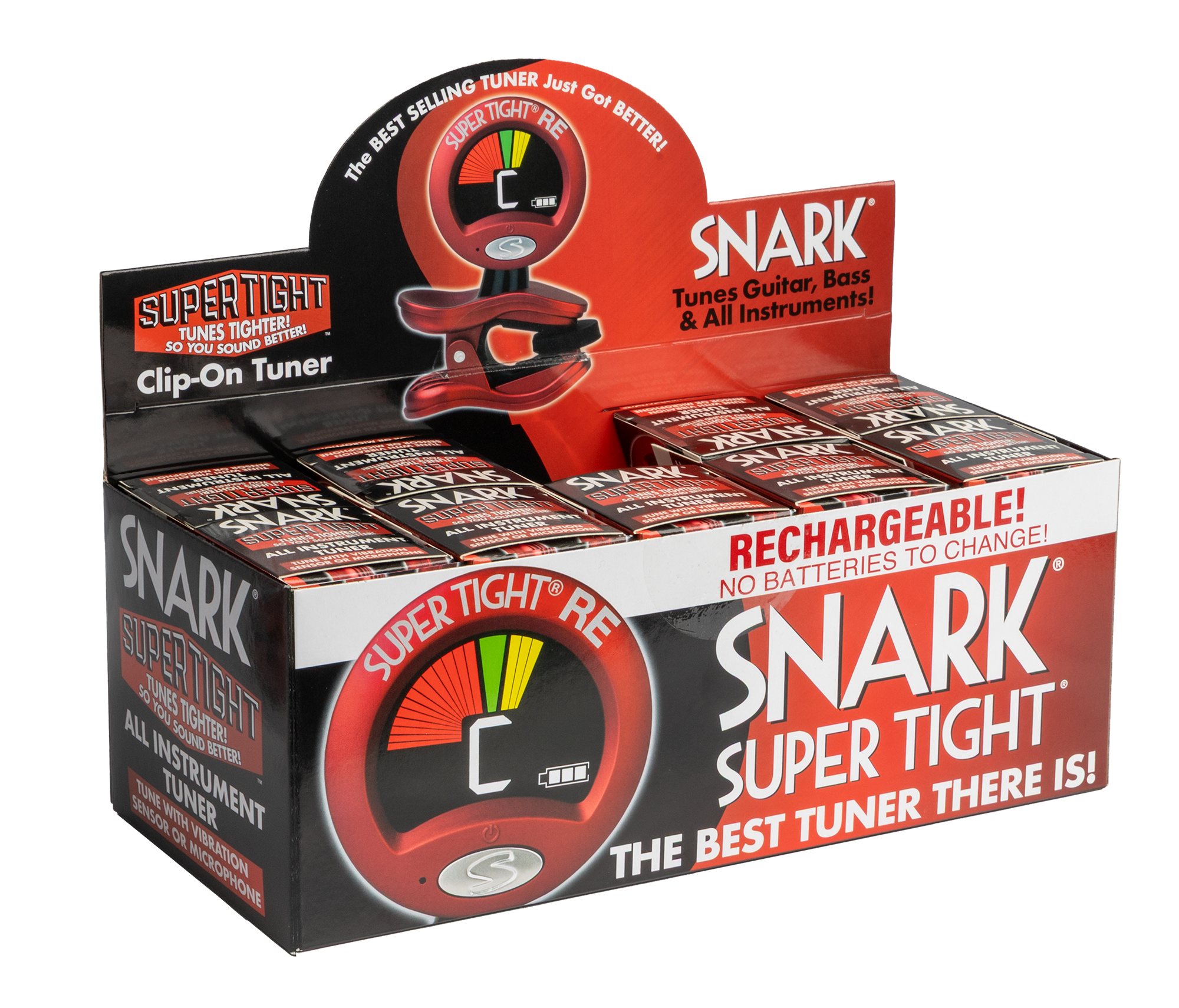 Red Snark Super Tight Rechargable Clip-On Guitar Tuner displayed in its packaging, designed for precise tuning.