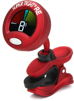Snark Super Tight rechargeable clip-on guitar tuner in red, showing the device attached to a guitar headstock.