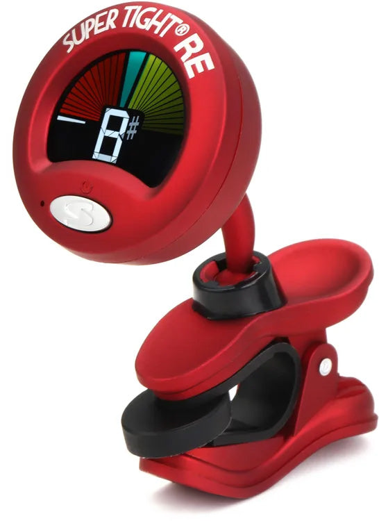 Snark Super Tight rechargeable clip-on guitar tuner in red, showing the device attached to a guitar headstock.