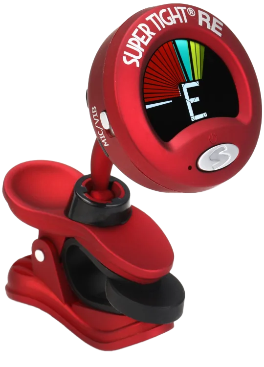 Red Snark Super Tight Rechargable Clip-On Guitar Tuner with digital display and adjustable clip for accurate tuning.