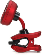 Snark Super Tight rechargeable clip-on guitar tuner in red with side view showing digital display and clip mechanism.
