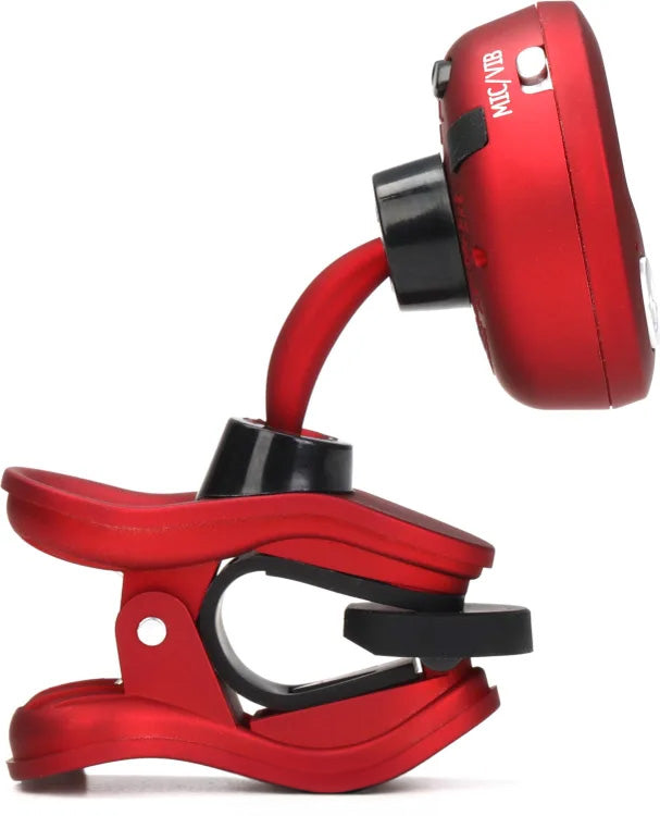 Snark Super Tight Rechargable Clip-On Guitar Tuner in red showing side view with clip and display screen.