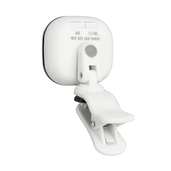 Cherub Rechargeable Clip-on Chromatic Guitar Tuner with back view, showing clip and digital display on a guitar tuner device.