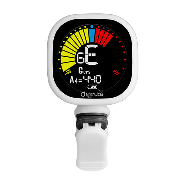 Cherub Rechargeable Clip-on Chromatic Tuner for guitar, showing front view with digital display and clip attachment.