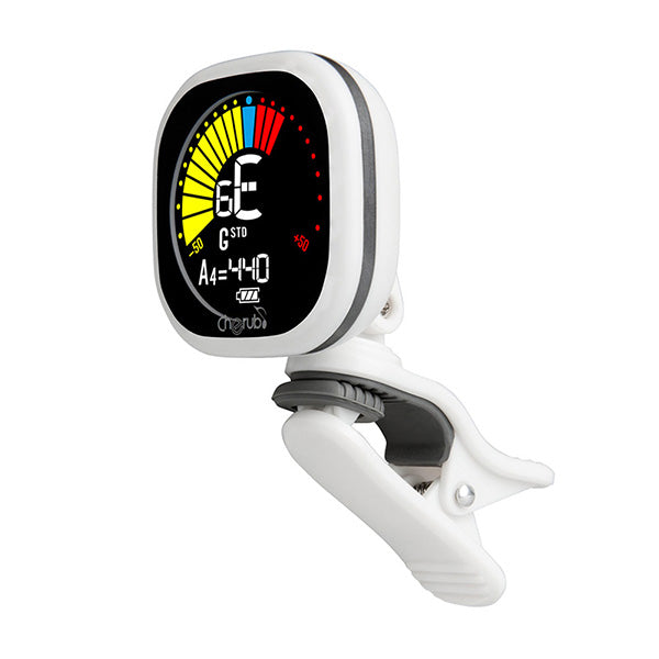 Cherub Rechargeable Clip-on Chromatic Guitar Tuner attached to guitar headstock with display visible for accurate tuning.