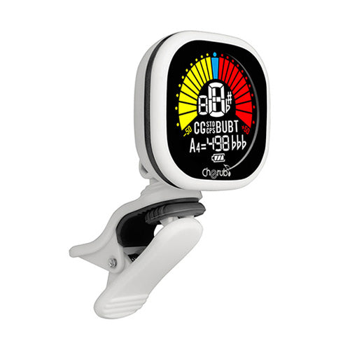 Cherub Rechargeable Clip-on Chromatic Guitar Tuner attached to guitar headstock, showing colorful display and compact design.