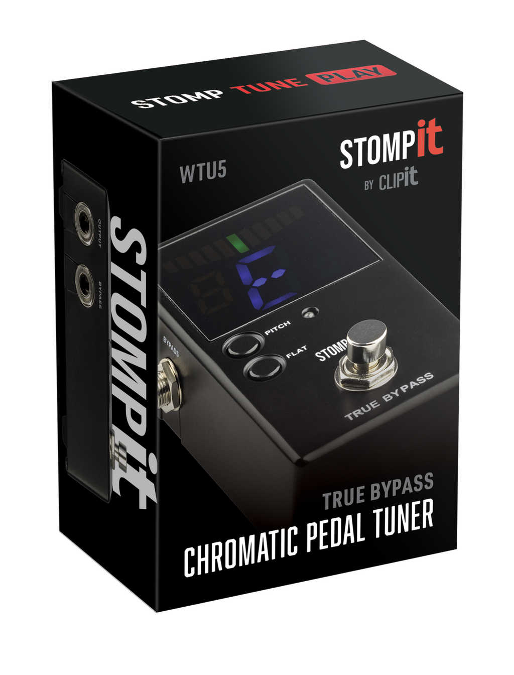 Stomp It By Clip It Pedal guitar tuner effects pedal in its box, featuring a compact design and colorful branding.