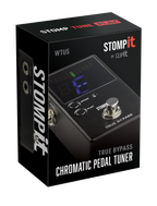 Stomp It By Clip It Pedal guitar tuner effects pedal in its box, featuring a compact design and colorful branding.