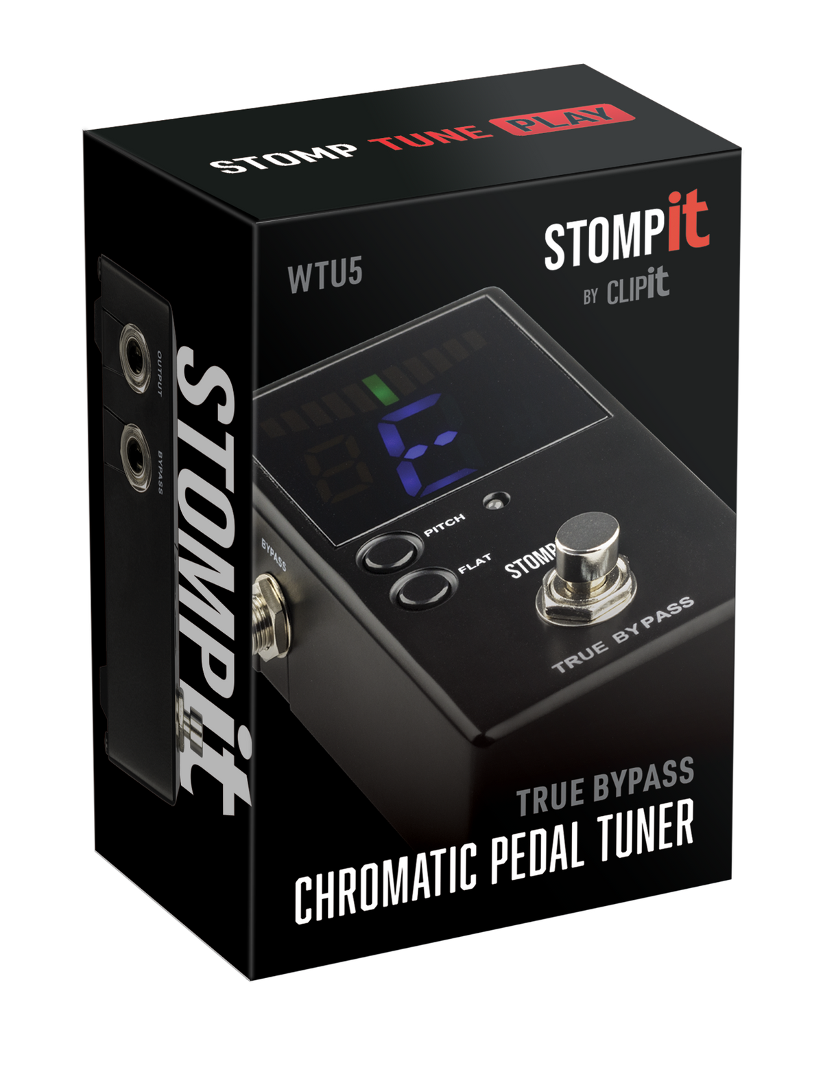 Stomp It By Clip It Pedal guitar tuner effects pedal in its box, featuring a compact design and colorful branding.