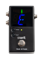 Stomp It By Clip It Pedal guitar tuner effects pedal showing front view with LED display and control knob, black compact design