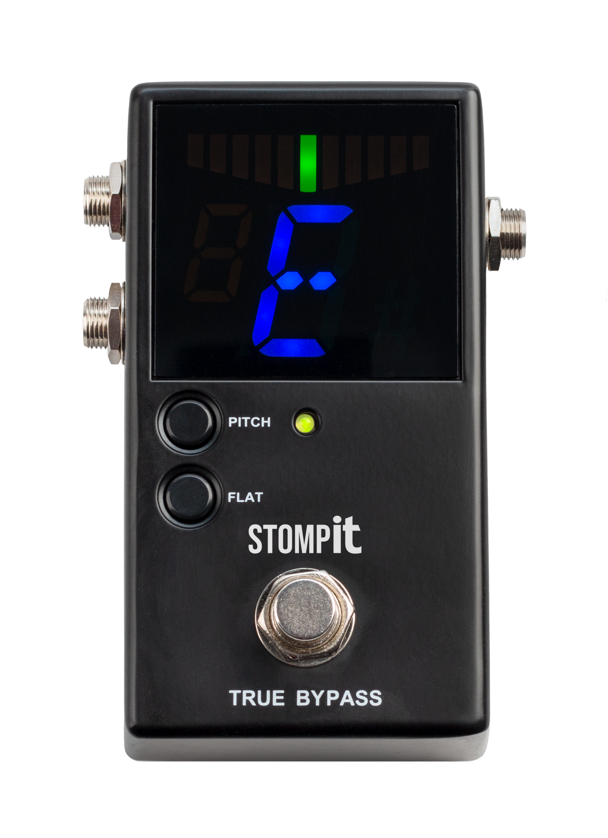 Stomp It By Clip It Pedal guitar tuner effects pedal showing front view with LED display and control knob, black compact design