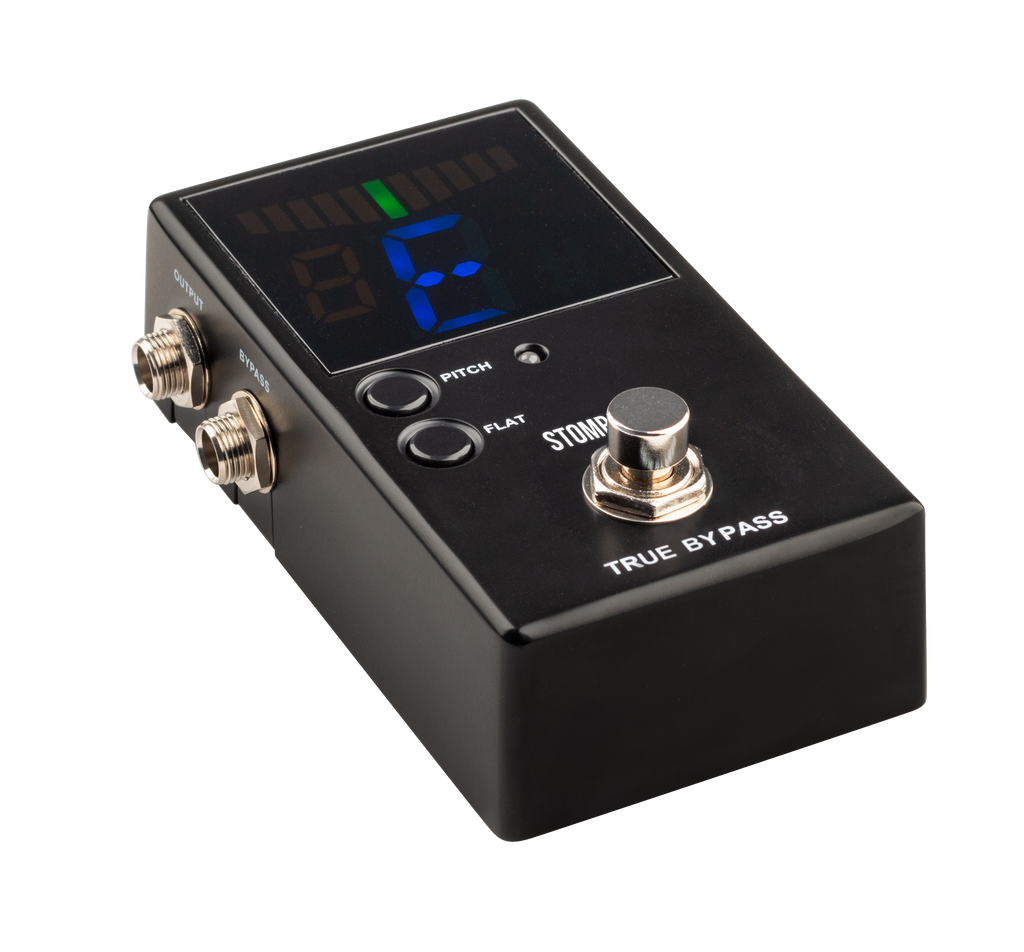 Stomp It By Clip It pedal guitar tuner effect pedal showing display and controls, designed for easy tuning on electric guitars.