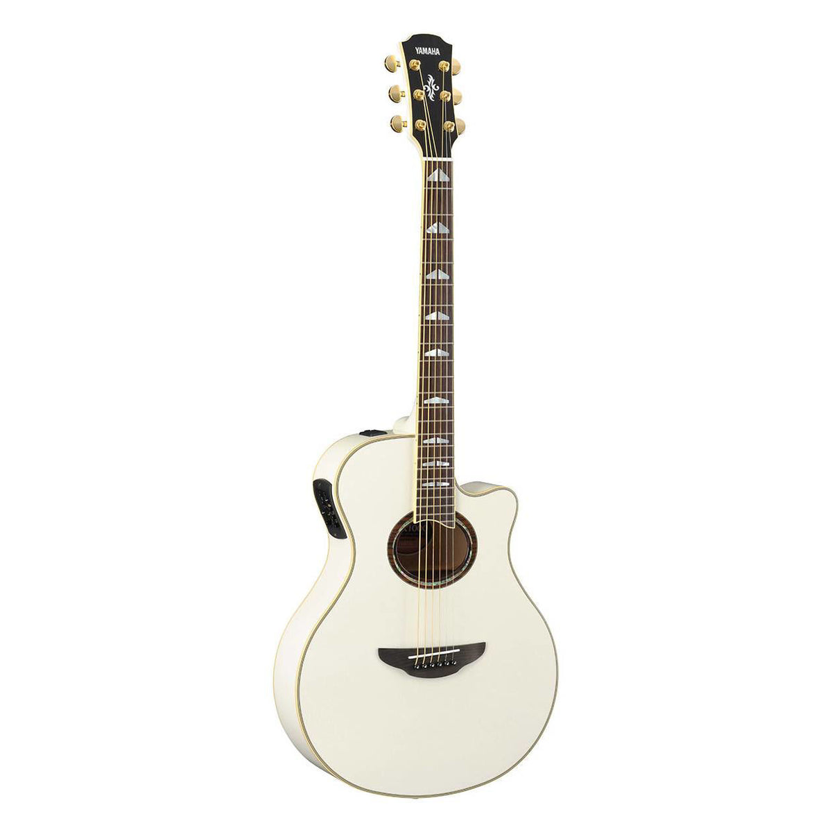 Yamaha APX1000 electric acoustic guitar in pearl white with a sleek body and cutaway design, showcasing its craftsmanship and finish.